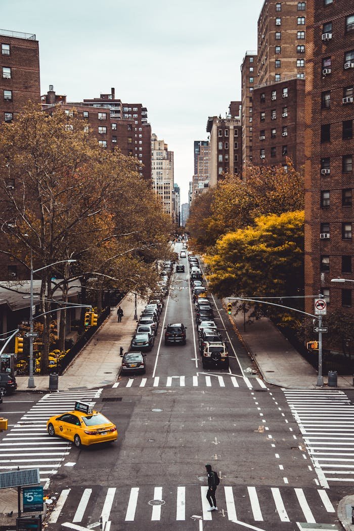 Aerial view of a bustling New York street lined with tall buildings and yellow cabs.